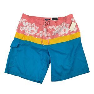 Club Room Mens Floral Striped Colorblock Cargo 9" Swim Trunks Pink Blue XL